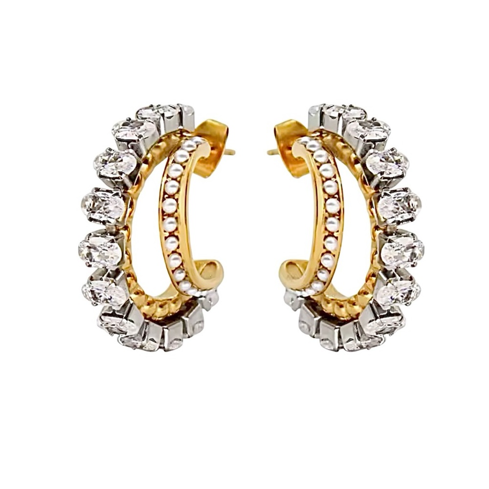 Double Hoop CZ and Pearl Earrings Stainless Steel